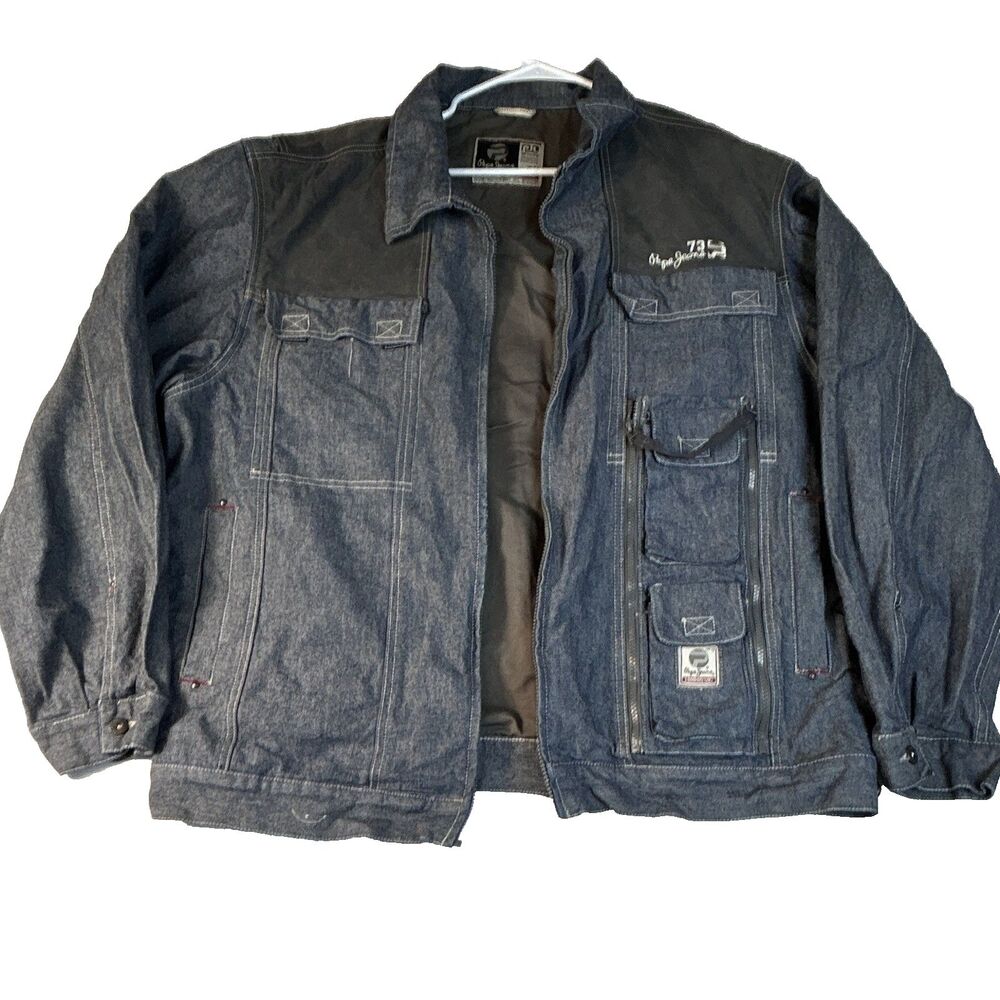 VTG Pepe Jeans London Utility Denim Jacket Blue Black Y2K Pockets 2XL